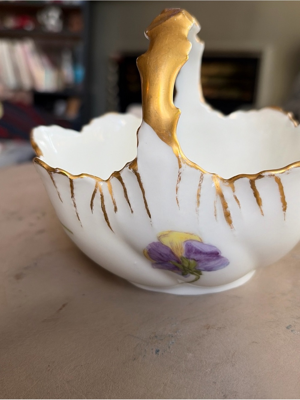 Vintage Limoges Porcelain Floral Basket with Gold Trim.  Mint!